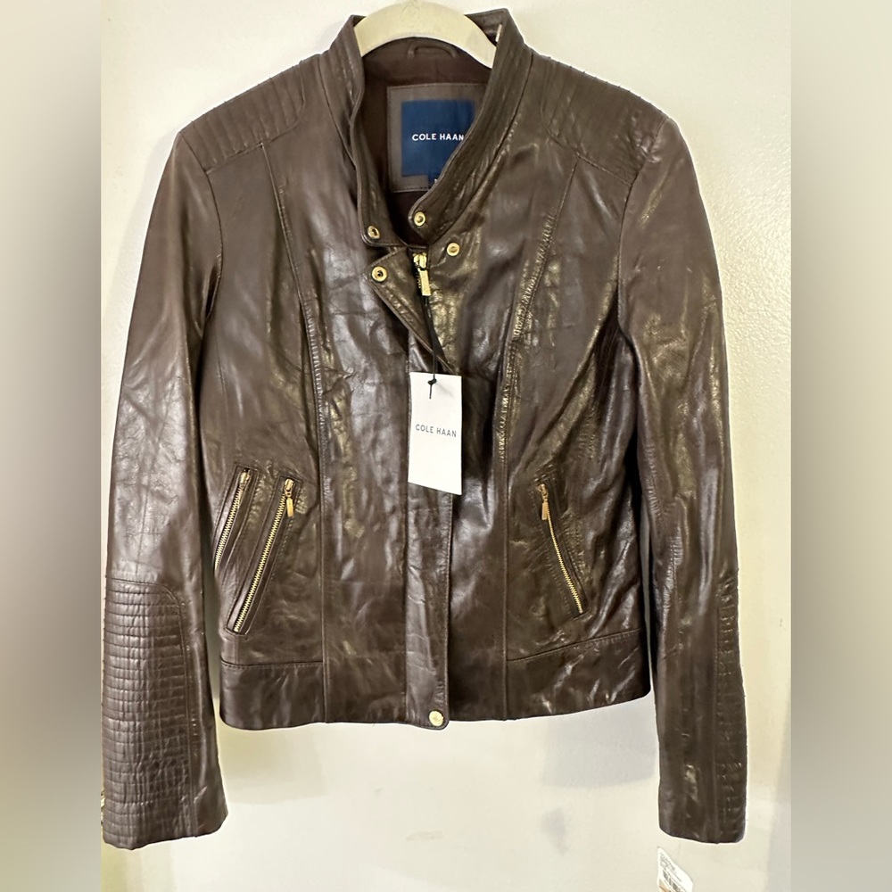 NWT Cole Haan Dark Brown Genuine Lambskin Leather Jacket Sz Small